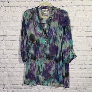 Parsley & Sage Womens 3/4 Sleeve Sheer 1/4 Button Top Purple Blue Size 1X Artsy